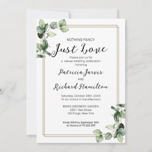 Nothing Fancy Gold Frame Greenery Wedding Invitation