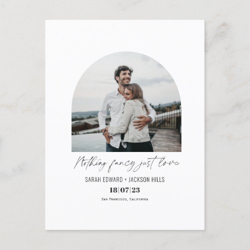 Nothing fancy just love arched photo elopement announcement postcard