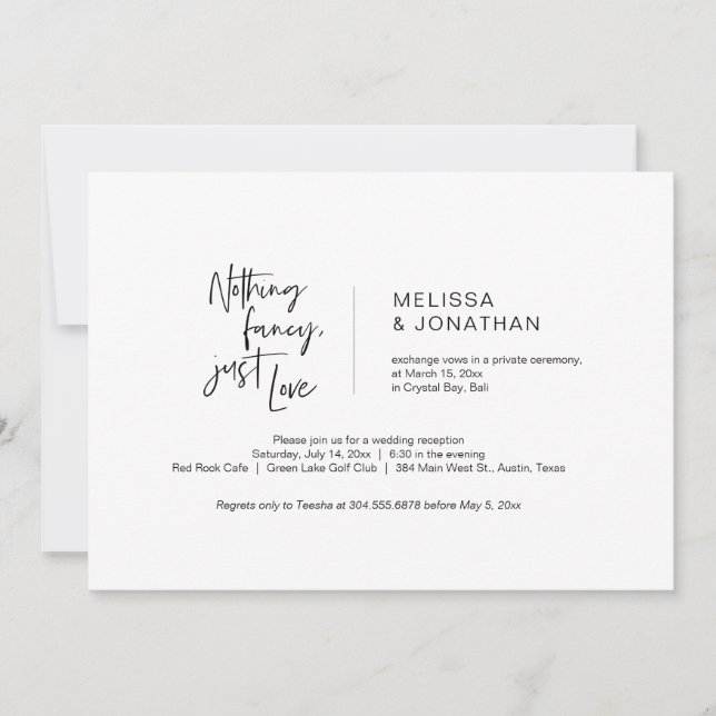 Nothing Fancy, Just Love, Black, Elopement Invitation (Front)