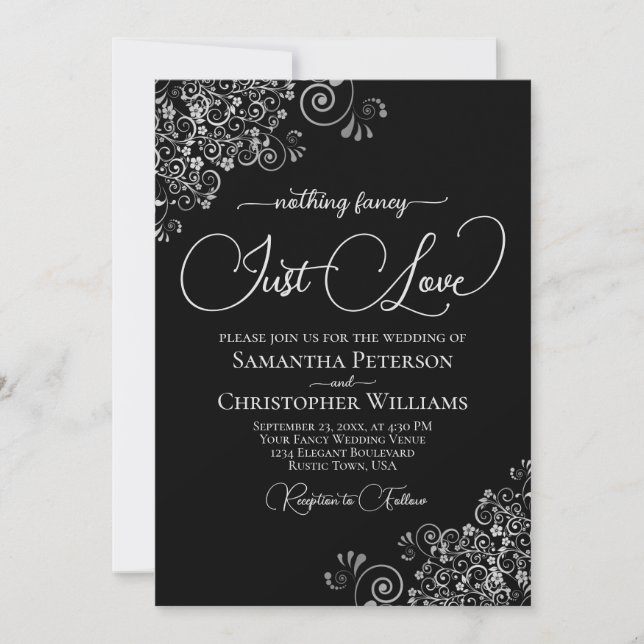 Nothing Fancy Just Love Black & Silver Wedding Invitation (Front)
