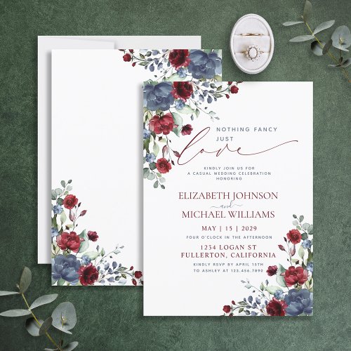 Nothing Fancy Just Love Blue Burgundy Casual  Invitation