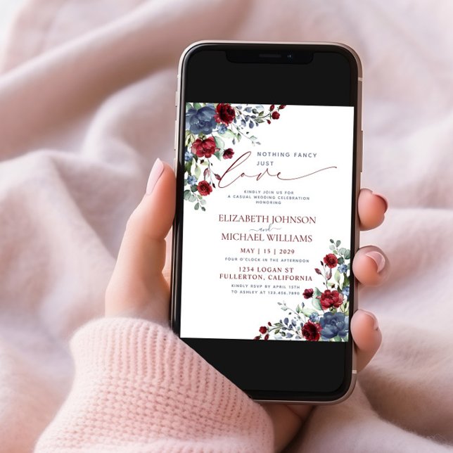 Nothing Fancy Just Love Blue Burgundy Casual Photo Invitation (Creator Uploaded)