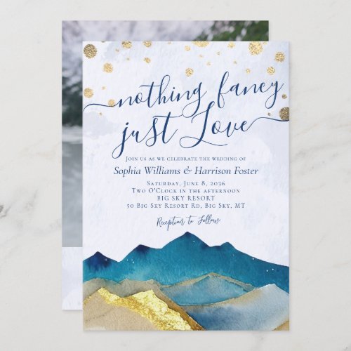 Nothing Fancy Just Love Blue Gold Mountain Wedding Invitation