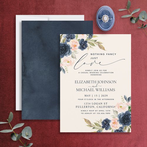 Nothing Fancy Just Love Blush Navy Blue Wedding Invitation