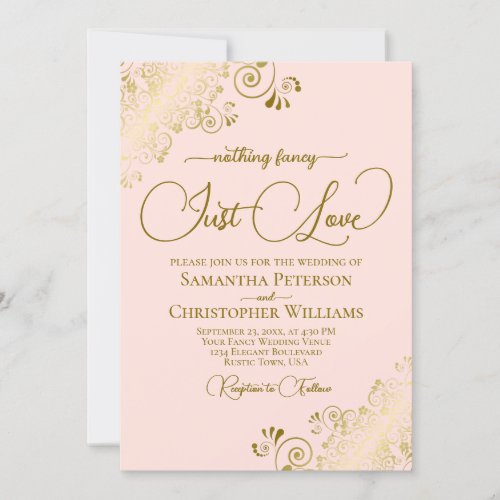 Nothing Fancy Just Love Blush Pink  Gold Wedding Invitation