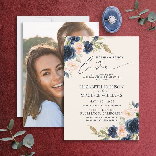 Nothing Fancy Just Love Blush Pink Navy Blue Photo Invitation