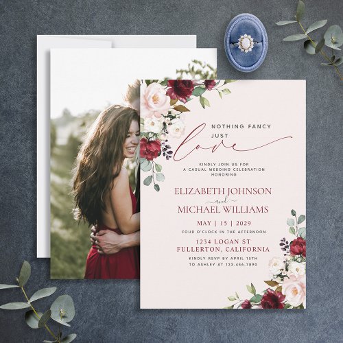 Nothing Fancy Just Love Burgundy Blush Photo Invitation