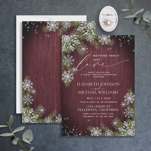 Nothing Fancy Just Love Burgundy Wood Casual Invitation