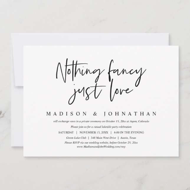 Nothing Fancy, Just Love, Casual Elopement Party Invitation (Front)