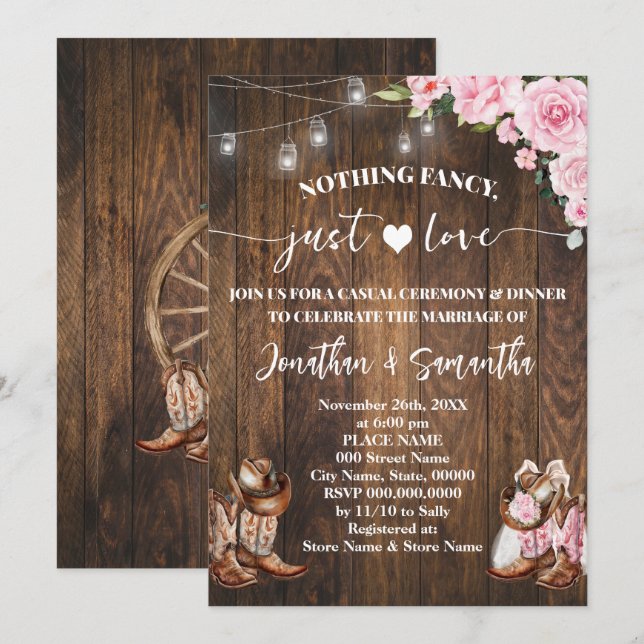 Nothing Fancy Just Love Casual Pink Barn Wedding Invitation (Front/Back)