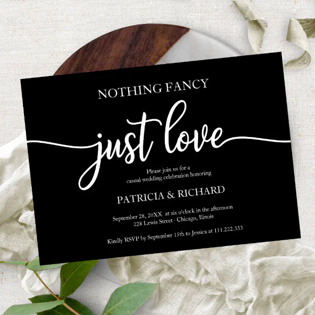 Nothing Fancy Just Love Casual Wedding Black Invitation | Zazzle