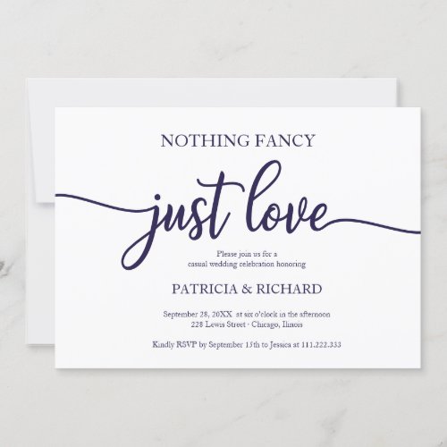 Nothing Fancy Just Love Casual Wedding Navy Blue Invitation