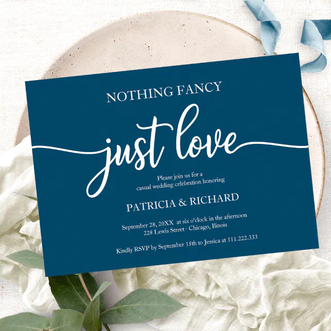 Nothing Fancy Just Love Casual Wedding Ocean Blue Invitation

