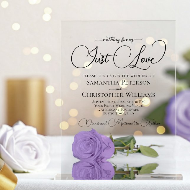 Nothing Fancy Just Love Chic Lavender Rose Wedding Acrylic Invitations (Clear Acrylic with Rectangle Cut)