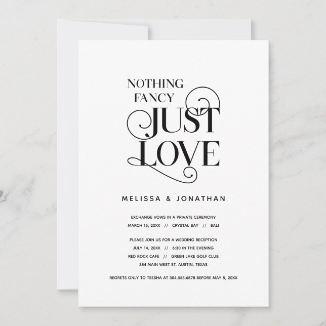 Nothing Fancy, Just Love, Classic Black, Elopement Invitation (Front)