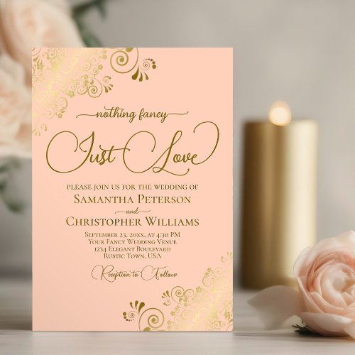 Nothing Fancy Just Love Coral Peach  Gold Wedding Invitation
