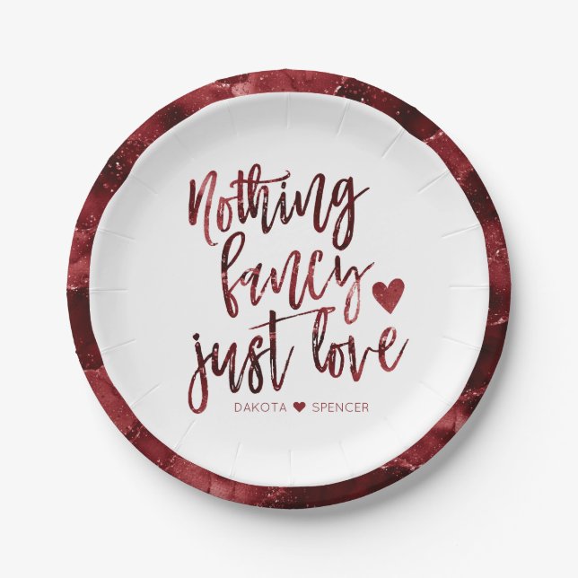 Nothing Fancy Just Love | Dark Crimson Red Wedding Paper Plates (Front)