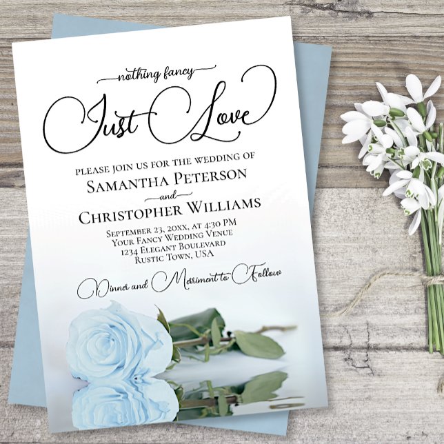 Nothing Fancy Just Love Dusty Blue Rose Wedding Invitation (Creator Uploaded)