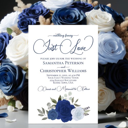 Nothing Fancy Just Love Elegant Blue Roses Wedding Invitation