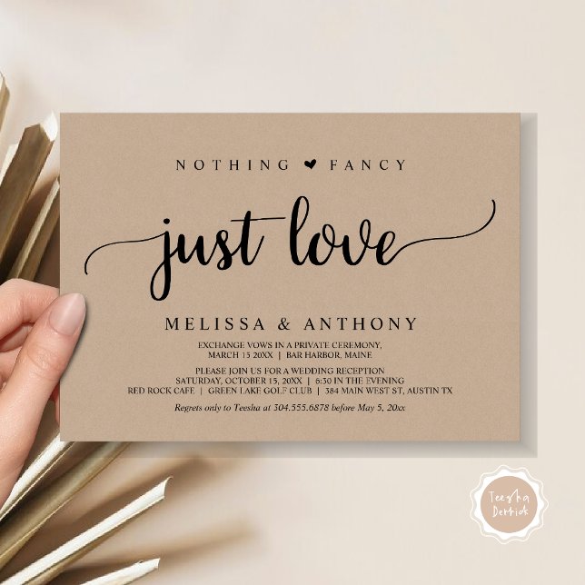 Nothing Fancy Just Love, Elopement, Rustic Wedding Invitation (Nothing Fancy Just Love, Elopement, Rustic Script Wedding Invitation Card, in Brown Kraft)