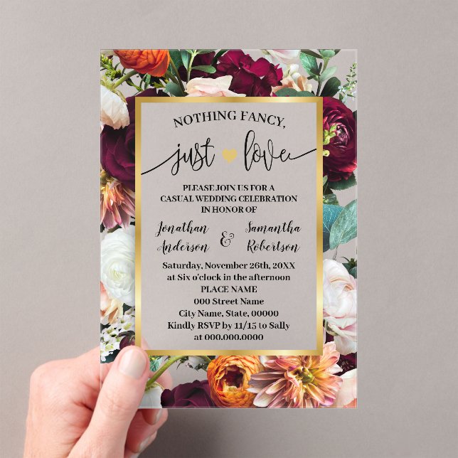 Nothing Fancy Just Love Elopement Wine Navy Acrylic Invitations (Insitu (Handheld))