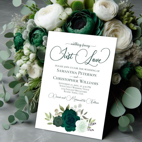 Nothing Fancy Just Love Emerald Boho Roses Wedding Invitation