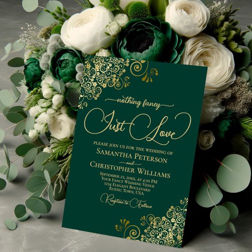 Nothing Fancy Just Love Emerald  Gold Wedding Invitation