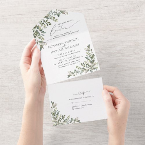 Nothing Fancy Just Love Eucalyptus Casual Wedding  All In One Invitation