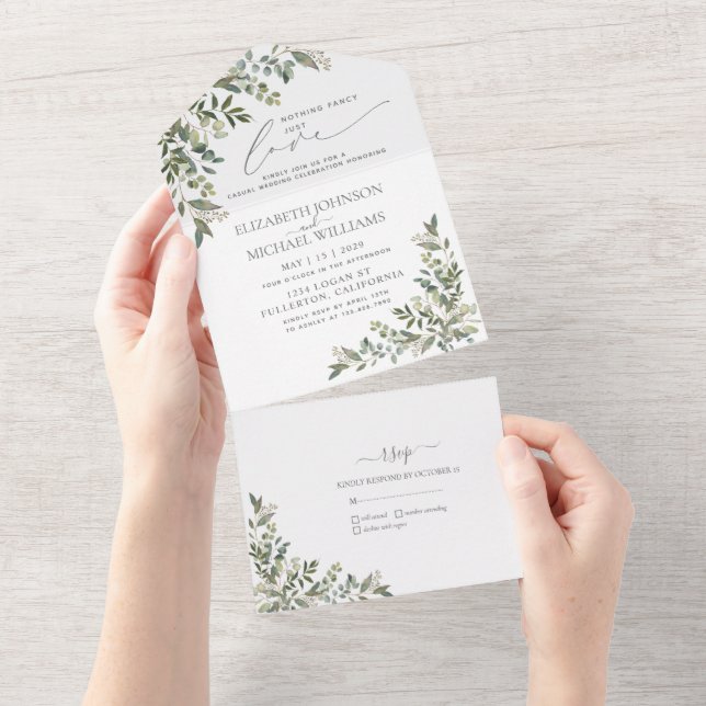 Nothing Fancy Just Love Eucalyptus Casual Wedding  All In One Invitation (Tearaway)