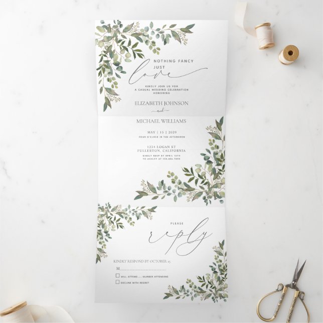 Nothing Fancy Just Love Eucalyptus Foliage Wedding Tri-Fold Invitation (Inside)
