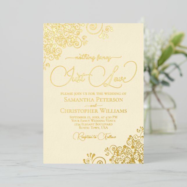 Nothing Fancy Just Love Gold & Cream Wedding Foil Invitation (Standing Front)