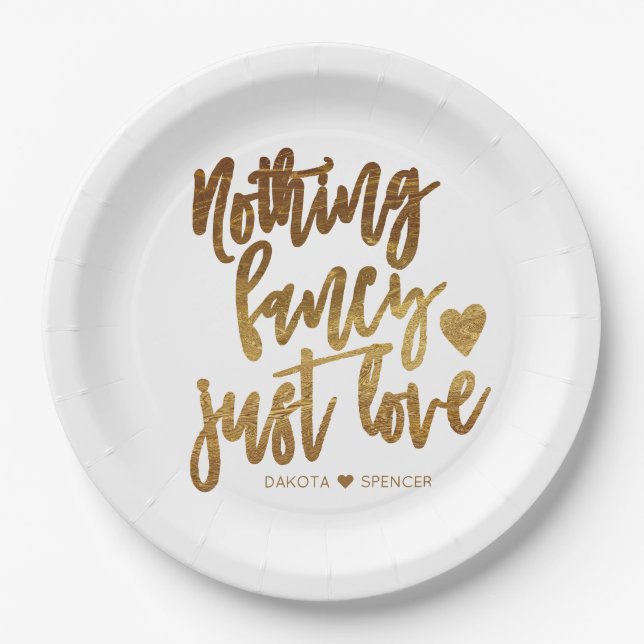 Nothing Fancy Just Love | Gold Heart Micro Wedding Paper Plates (Front)