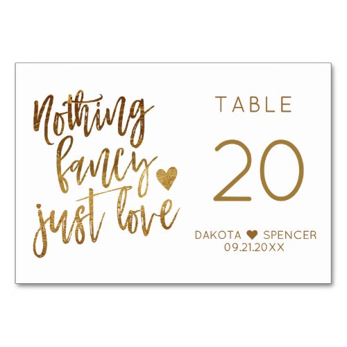 Nothing Fancy Just Love  Gold Heart Micro Wedding Table Number