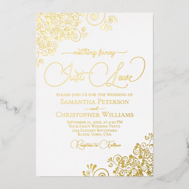 Nothing Fancy Just Love Gold & White Wedding Foil Invitation (Front)