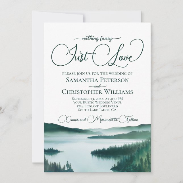 Nothing Fancy Just Love Green Lake Tahoe Wedding Invitation (Front)