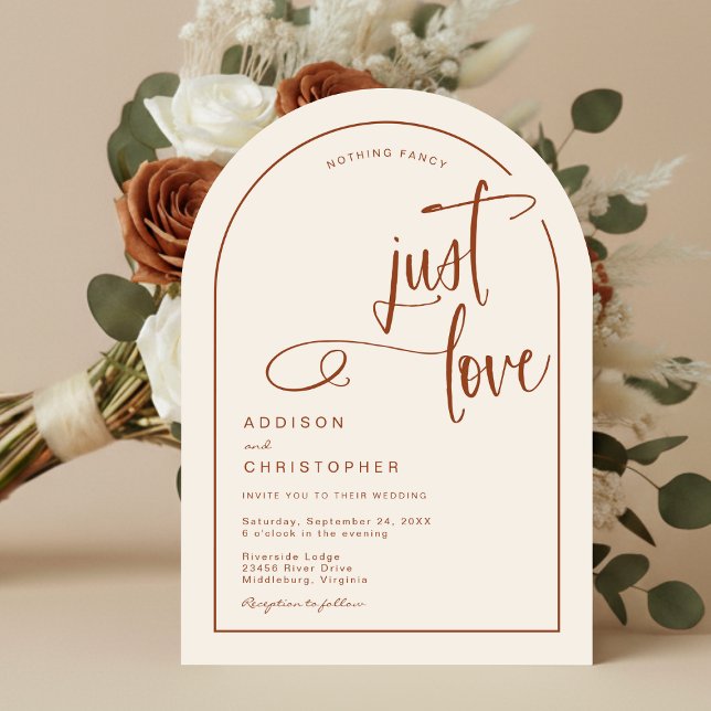 Nothing Fancy Just Love Handwritten Script Wedding Invitation (Shown on a 5" x 7" invitation with Arch Corner Style)