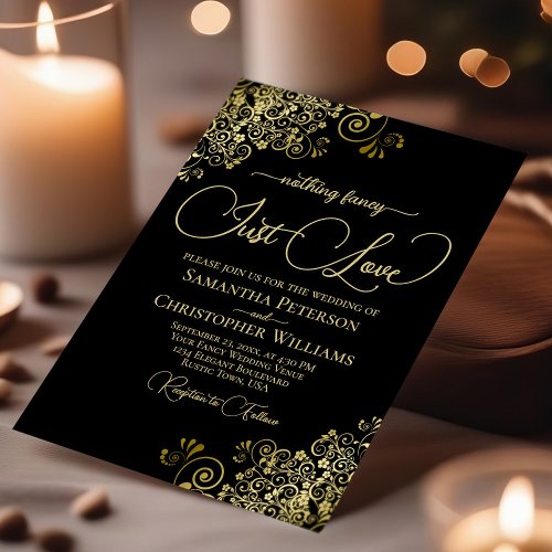 Nothing Fancy Just Love Lacy Gold  Black Wedding Invitation