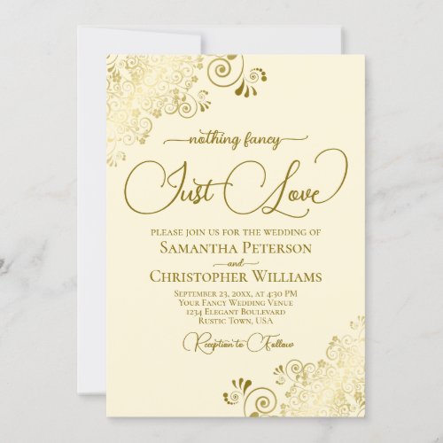 Nothing Fancy Just Love Lacy Gold  Cream Wedding Invitation