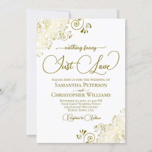 Nothing Fancy Just Love Lacy Gold & White Wedding Invitation | Zazzle