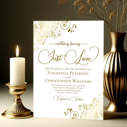 Nothing Fancy Just Love Lacy Gold  White Wedding Invitation