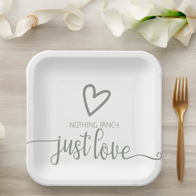 Nothing Fancy Just Love Minimalist Wedding Paper Plates (Nothing Fancy Just Love Minimalist Wedding Paper Plates from Ricaso. Sage green and white typography)