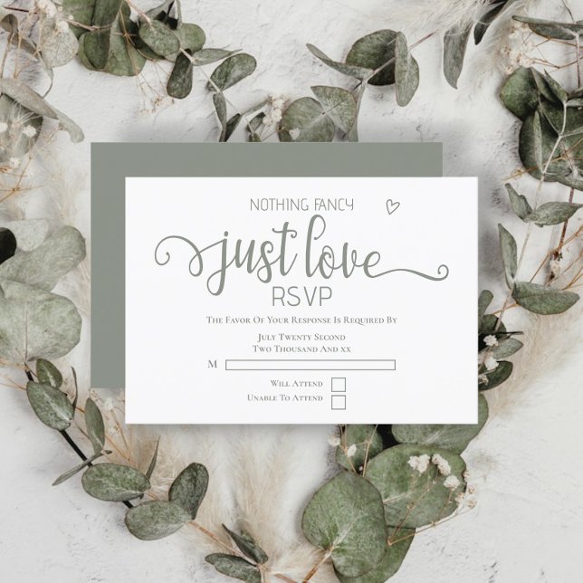 Nothing Fancy Just Love Minimalist Wedding RSVP Card (Nothing Fancy Just Love Minimalist Wedding RSVP Cards from Ricaso. Sage green and white)