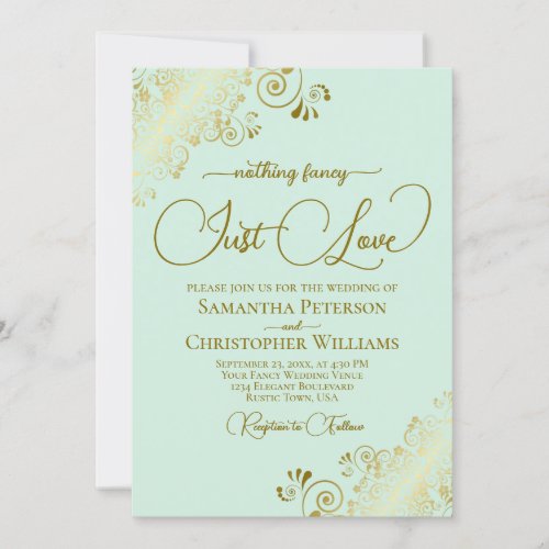 Nothing Fancy Just Love Mint Green  Gold Wedding Invitation
