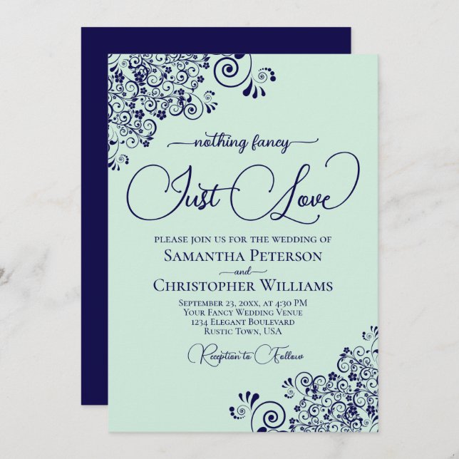 Nothing Fancy Just Love Mint Green & Navy Wedding Invitation (Front/Back)