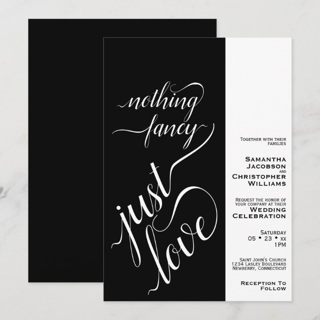 Nothing Fancy Just Love Modern Black Wedding Invitation (Front/Back)