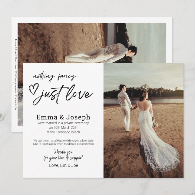 "Nothing fancy just love", Modern Minimalist Photo Announcement (Front/Back)