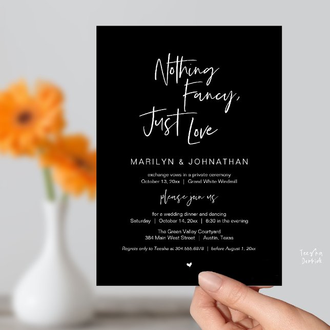 Nothing Fancy Just Love, Modern Reception Dinner  Invitation (Nothing Fancy Just Love, Modern Reception Dinner Invitation Card in Classy Black)
