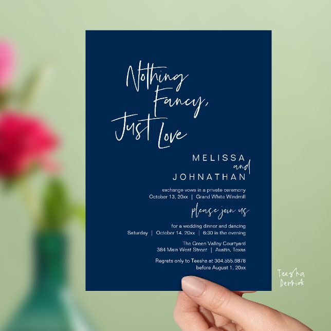 Nothing Fancy Just Love, Modern Wedding Dinner  Invitation (Nothing Fancy Just Love, Modern Wedding Dinner Invitation Card in Navy Blue)