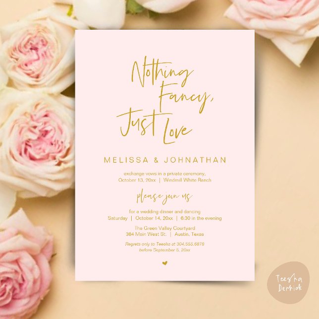 Nothing Fancy Just Love, Modern Wedding Dinner Invitation (Nothing Fancy Just Love, Modern Wedding Reception Dinner Lunch Brunch Invites Card Yellow Gold Blush)