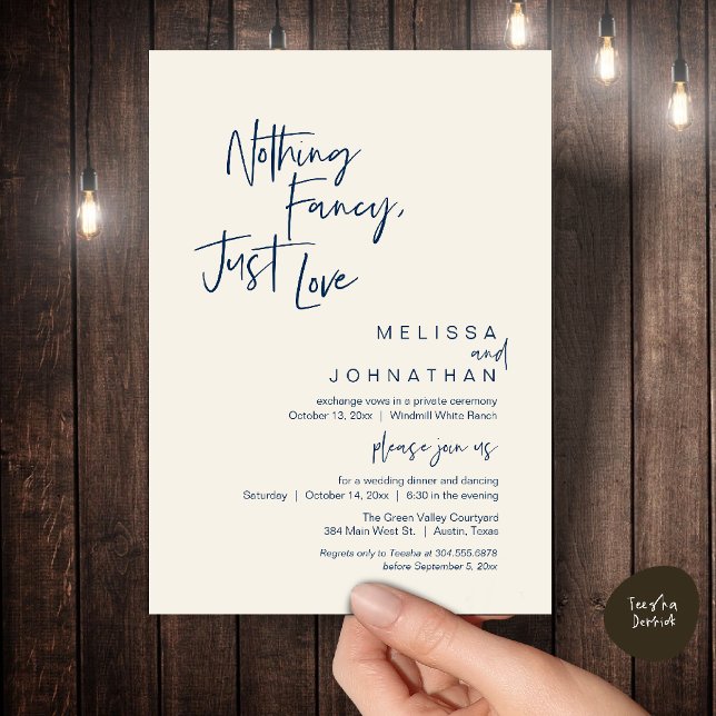 Nothing Fancy Just Love, Modern Wedding Dinner Invitation (Nothing Fancy Just Love, Modern Wedding Reception Dinner Lunch Brunch Invites Card Navy Blue Ivory)